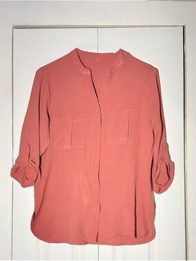 Women's Rose Clay Roll-Tab Sleeve Blouse Button Up Top - Size M